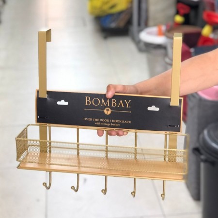 علاقة ملابس فوق الباب ذهبي 5 عيون مع رف تعليق BOMBAY